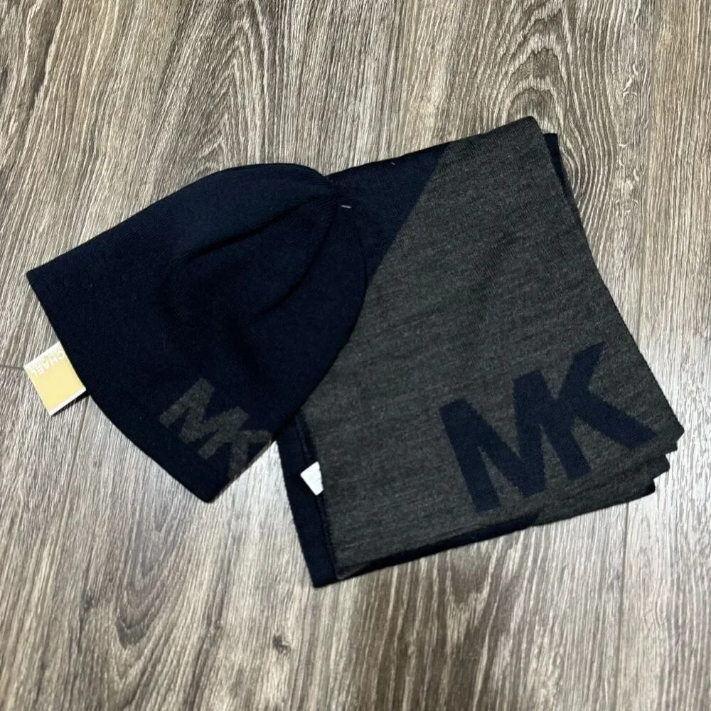 Michael Kors mens reversible logo knit winter scarf & Beanie Hat Set